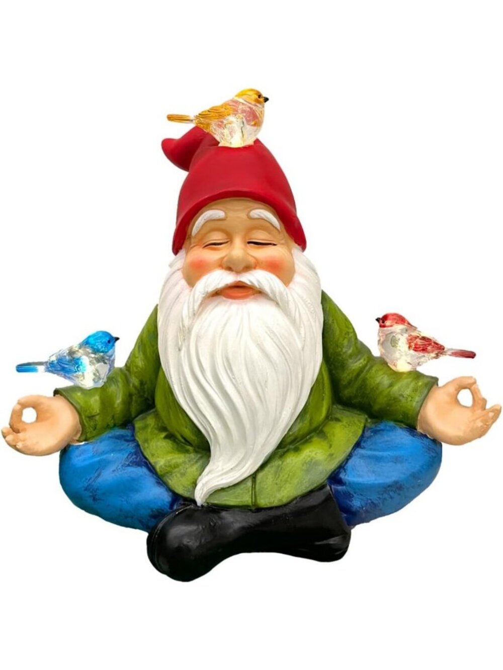 Solar Powered Garden Gnome with LED Light, 3 Birds, Resin Lawn Ornament Statue